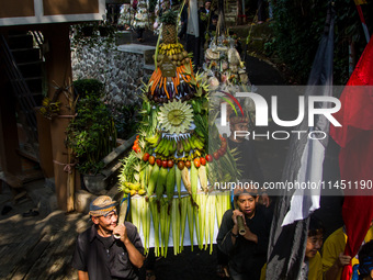 The Cireundeu Indigenous people are bringing the 'Gunungan', a sacrifice in the shape of a mountain, during the Ngemban Taun traditional cer...