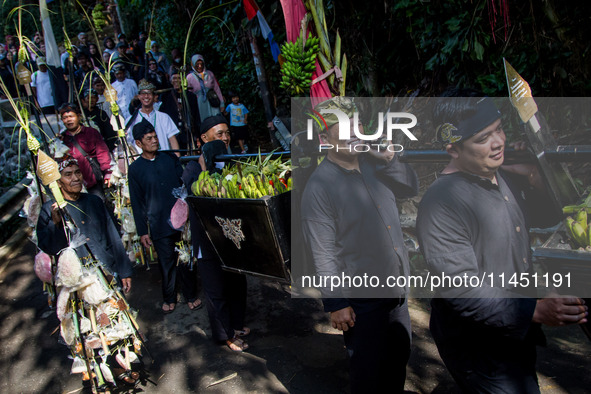 The Cireundeu Indigenous people are bringing the 'Gunungan', a sacrifice in the shape of a mountain, during the Ngemban Taun traditional cer...