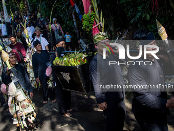 The Cireundeu Indigenous people are bringing the 'Gunungan', a sacrifice in the shape of a mountain, during the Ngemban Taun traditional cer...