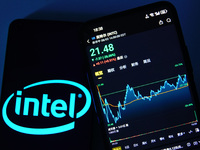 A mobile phone is showing Intel shares falling in Yichang, China, on August 3, 2024. (