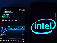 A mobile phone is showing Intel shares falling in Yichang, China, on August 3, 2024. (