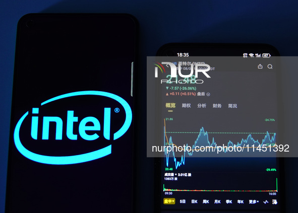 A mobile phone is showing Intel shares falling in Yichang, China, on August 3, 2024. 