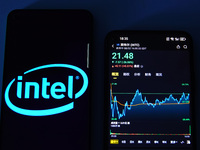 A mobile phone is showing Intel shares falling in Yichang, China, on August 3, 2024. (