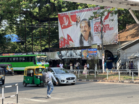 A large political banner for LDF Party candidate Pannian Raveendran is being displayed for the upcoming Lok Sabha 2024 election in Thiruvana...