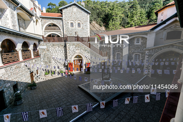 The monastery's yard is being decorated with Greek and Cypriot flags in Kykkos, Cyprus, on August 4, 2024. President of Cyprus Nikos Christo...