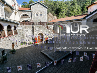 The monastery's yard is being decorated with Greek and Cypriot flags in Kykkos, Cyprus, on August 4, 2024. President of Cyprus Nikos Christo...