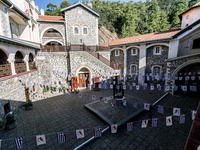 The monastery's yard is being decorated with Greek and Cypriot flags in Kykkos, Cyprus, on August 4, 2024. President of Cyprus Nikos Christo...