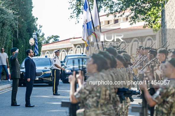 The President of Cyprus, Nikos Christodoulides, is inspecting the military detachment in Kykkos, Cyprus, on August 4, 2024. The President of...