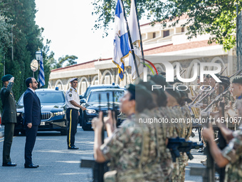 The President of Cyprus, Nikos Christodoulides, is inspecting the military detachment in Kykkos, Cyprus, on August 4, 2024. The President of...