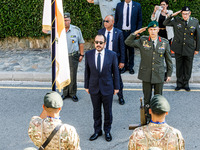 President of Cyprus Nikos Christodoulides is singing during the play of the national anthem in Kykkos, Cyprus, on August 4, 2024. President...