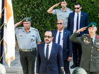 President of Cyprus Nikos Christodoulides is singing during the play of the national anthem in Kykkos, Cyprus, on August 4, 2024. President...