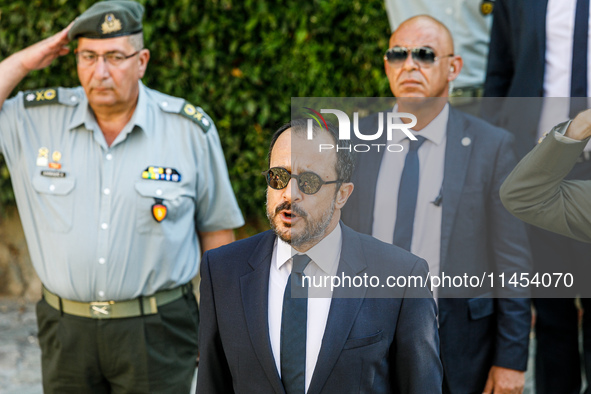 President of Cyprus Nikos Christodoulides is singing during the play of the national anthem in Kykkos, Cyprus, on August 4, 2024. President...