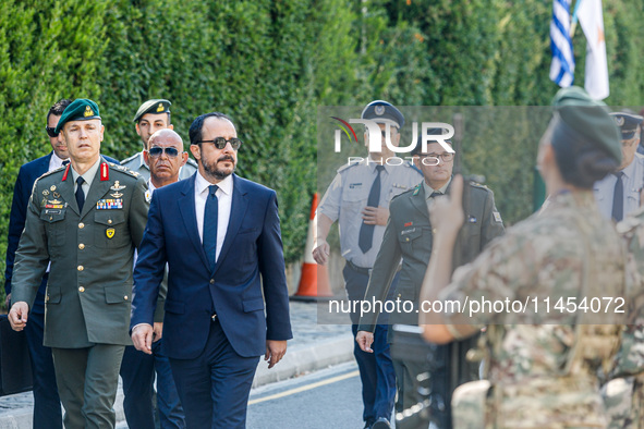 The President of Cyprus, Nikos Christodoulides, is inspecting the military detachment in Kykkos, Cyprus, on August 4, 2024. The President of...