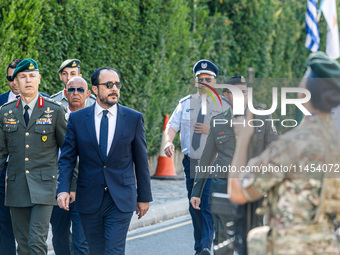 The President of Cyprus, Nikos Christodoulides, is inspecting the military detachment in Kykkos, Cyprus, on August 4, 2024. The President of...