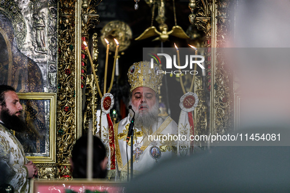 Bishop of Kition, NEKTARIOS, is being seen during the service in Kykkos, Cyprus, on August 4, 2024. President of Cyprus Nikos Christodoulide...