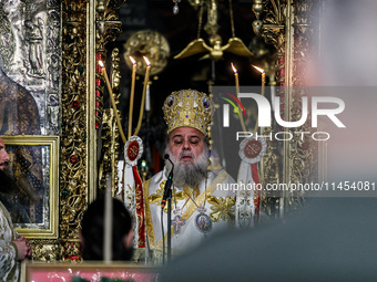 Bishop of Kition, NEKTARIOS, is being seen during the service in Kykkos, Cyprus, on August 4, 2024. President of Cyprus Nikos Christodoulide...