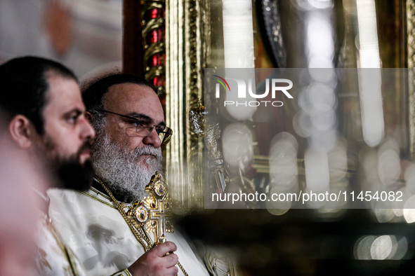 Bishop of Tamasou, ISAIAS, is being seen during the service in Kykkos, Cyprus, on August 4, 2024. President of Cyprus Nikos Christodoulides...