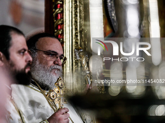 Bishop of Tamasou, ISAIAS, is being seen during the service in Kykkos, Cyprus, on August 4, 2024. President of Cyprus Nikos Christodoulides...