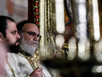 Bishop of Tamasou, ISAIAS, is being seen during the service in Kykkos, Cyprus, on August 4, 2024. President of Cyprus Nikos Christodoulides...