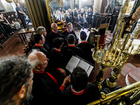 Chanters are being seen during the service in Kykkos, Cyprus, on August 4, 2024. President of Cyprus Nikos Christodoulides is attending the...