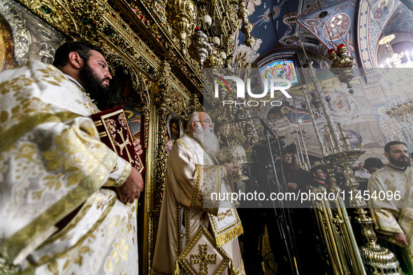 Archbishop GEORGIOS of Cyprus is being seen during the service in Kykkos, Cyprus, on August 4, 2024. President of Cyprus Nikos Christodoulid...