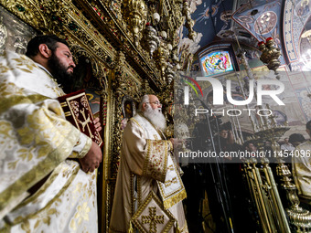 Archbishop GEORGIOS of Cyprus is being seen during the service in Kykkos, Cyprus, on August 4, 2024. President of Cyprus Nikos Christodoulid...