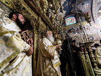 Archbishop GEORGIOS of Cyprus is being seen during the service in Kykkos, Cyprus, on August 4, 2024. President of Cyprus Nikos Christodoulid...