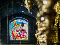 A stained glass window is being seen inside the church of the monastery in Kykkos, Cyprus, on August 4, 2024. President of Cyprus Nikos Chri...