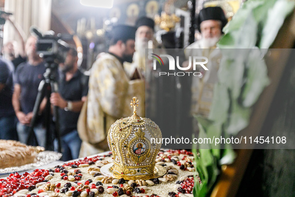 A mini crown is being seen on the Makarios service table in Kykkos, Cyprus, on August 4, 2024. The President of Cyprus, Nikos Christodoulide...