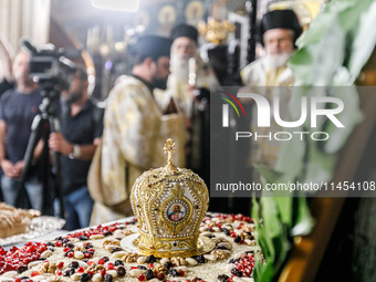 A mini crown is being seen on the Makarios service table in Kykkos, Cyprus, on August 4, 2024. The President of Cyprus, Nikos Christodoulide...