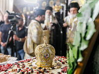 A mini crown is being seen on the Makarios service table in Kykkos, Cyprus, on August 4, 2024. The President of Cyprus, Nikos Christodoulide...