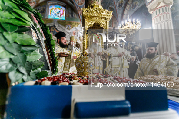 A mini crown is being seen on the Makarios service table in Kykkos, Cyprus, on August 4, 2024. The President of Cyprus, Nikos Christodoulide...