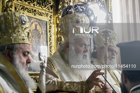 Archbishop GEORGIOS of Cyprus is being seen during the service in Kykkos, Cyprus, on August 4, 2024. President of Cyprus Nikos Christodoulid...