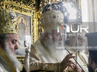 Archbishop GEORGIOS of Cyprus is being seen during the service in Kykkos, Cyprus, on August 4, 2024. President of Cyprus Nikos Christodoulid...