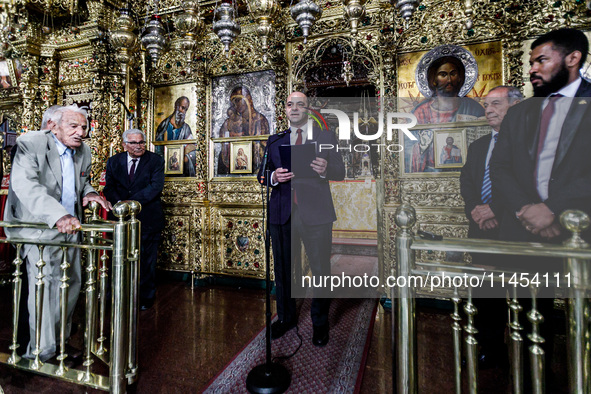 Minister of Labour Yiannis Panayiotou is giving his speech during the service in Kykkos, Cyprus, on August 4, 2024. President of Cyprus Niko...