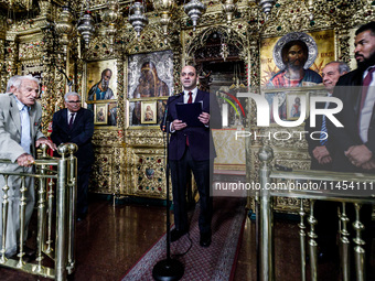 Minister of Labour Yiannis Panayiotou is giving his speech during the service in Kykkos, Cyprus, on August 4, 2024. President of Cyprus Niko...