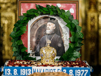 A photograph of Makarios is being seen during the service in Kykkos, Cyprus, on August 4, 2024. President of Cyprus Nikos Christodoulides is...