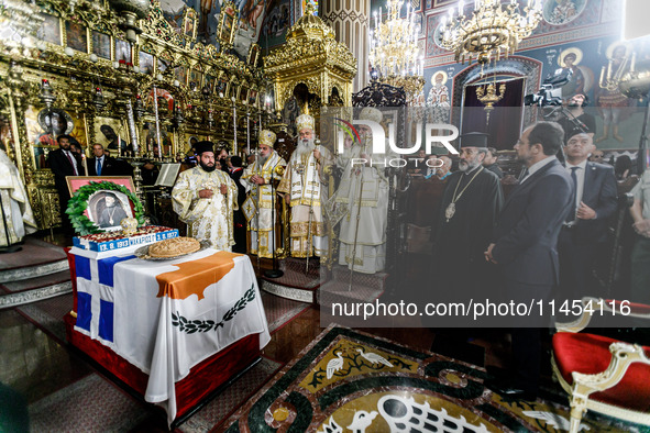 Archbishop Georgios of Cyprus and President of Cyprus Nikos Christodoulides are attending the service in Kykkos, Cyprus, on August 4, 2024....