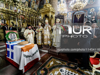 Archbishop Georgios of Cyprus and President of Cyprus Nikos Christodoulides are attending the service in Kykkos, Cyprus, on August 4, 2024....