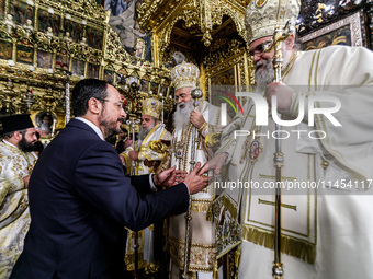 President of Cyprus Nikos Christodoulides is greeting the bishops in Kykkos, Cyprus, on August 4, 2024. President of Cyprus Nikos Christodou...