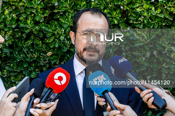 President of Cyprus Nikos Christodoulides is talking to the press after the service in Kykkos, Cyprus, on August 4, 2024. President of Cypru...