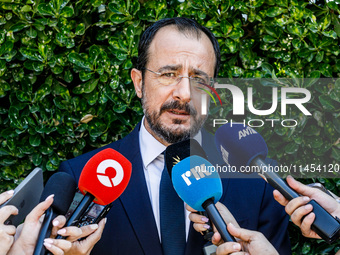 President of Cyprus Nikos Christodoulides is talking to the press after the service in Kykkos, Cyprus, on August 4, 2024. President of Cypru...