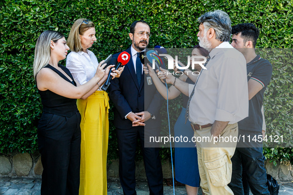 President of Cyprus Nikos Christodoulides is talking to the press after the service in Kykkos, Cyprus, on August 4, 2024. President of Cypru...