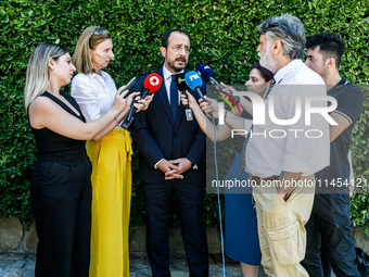 President of Cyprus Nikos Christodoulides is talking to the press after the service in Kykkos, Cyprus, on August 4, 2024. President of Cypru...