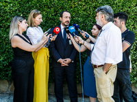 President of Cyprus Nikos Christodoulides is talking to the press after the service in Kykkos, Cyprus, on August 4, 2024. President of Cypru...