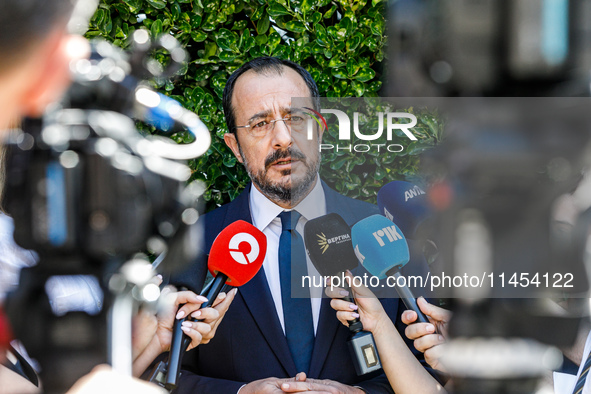 President of Cyprus Nikos Christodoulides is talking to the press after the service in Kykkos, Cyprus, on August 4, 2024. President of Cypru...