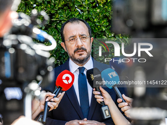 President of Cyprus Nikos Christodoulides is talking to the press after the service in Kykkos, Cyprus, on August 4, 2024. President of Cypru...