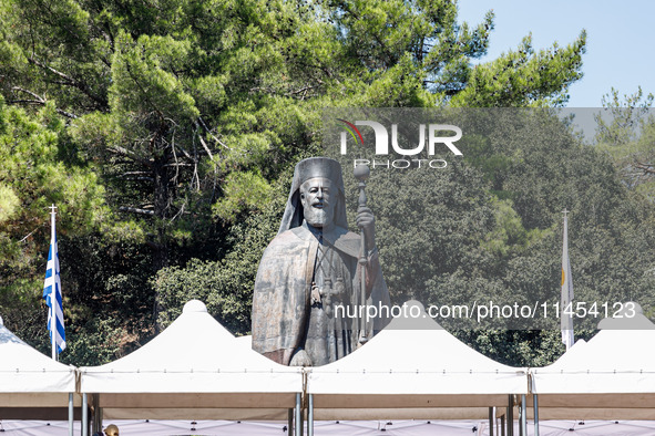 The statue of Makarios III is being seen at his tomb in Kykkos, Cyprus, on August 4, 2024. President of Cyprus Nikos Christodoulides is atte...