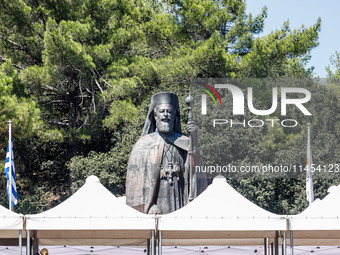 The statue of Makarios III is being seen at his tomb in Kykkos, Cyprus, on August 4, 2024. President of Cyprus Nikos Christodoulides is atte...