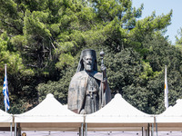 The statue of Makarios III is being seen at his tomb in Kykkos, Cyprus, on August 4, 2024. President of Cyprus Nikos Christodoulides is atte...